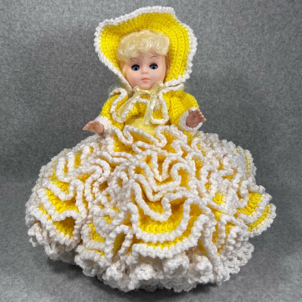 Vintage Bed Doll 13”‎ Handmade Crochet Yellow White Dress Bonnet Sleepy Eyes - Picture 2 of 16